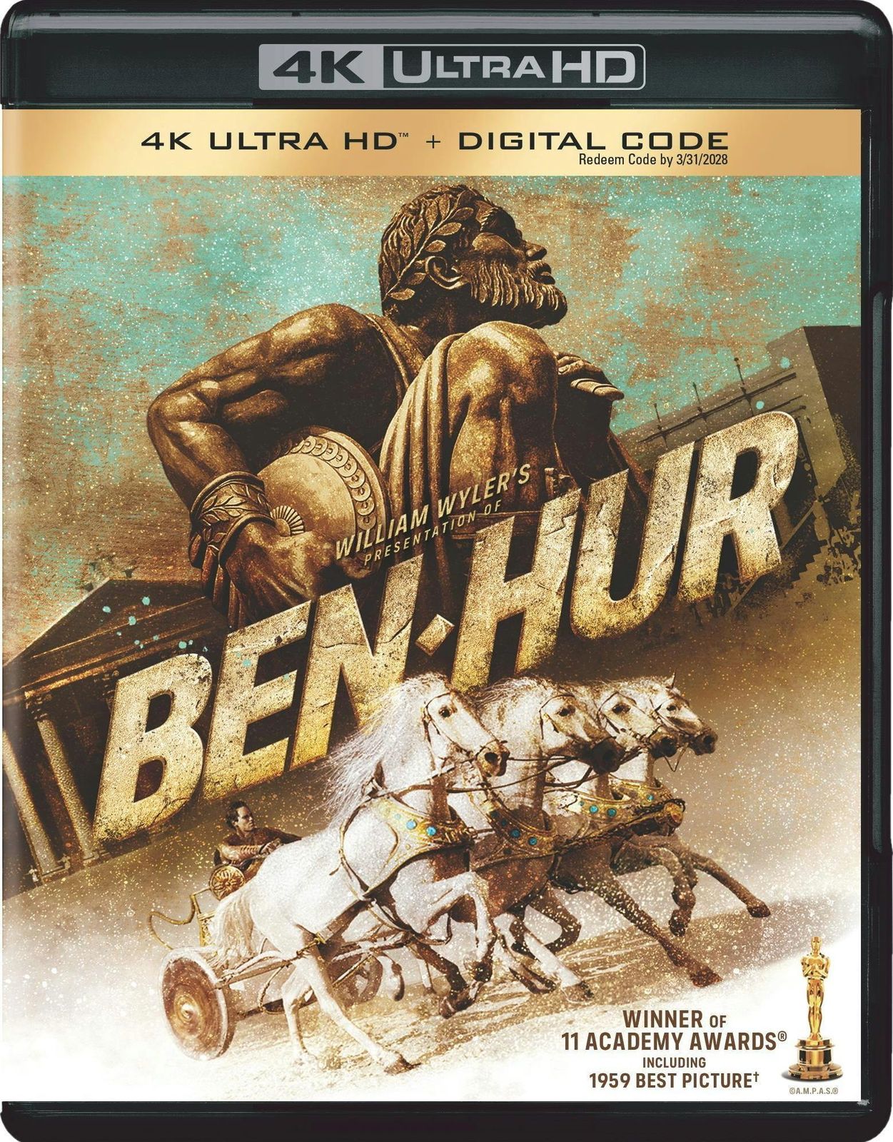 Ben-Hur (1959) 4K Blu-ray cover that depicts a large bronze statue of a bearded man above the bold BEN-HUR title and a four-horse chariot at the bottom.
