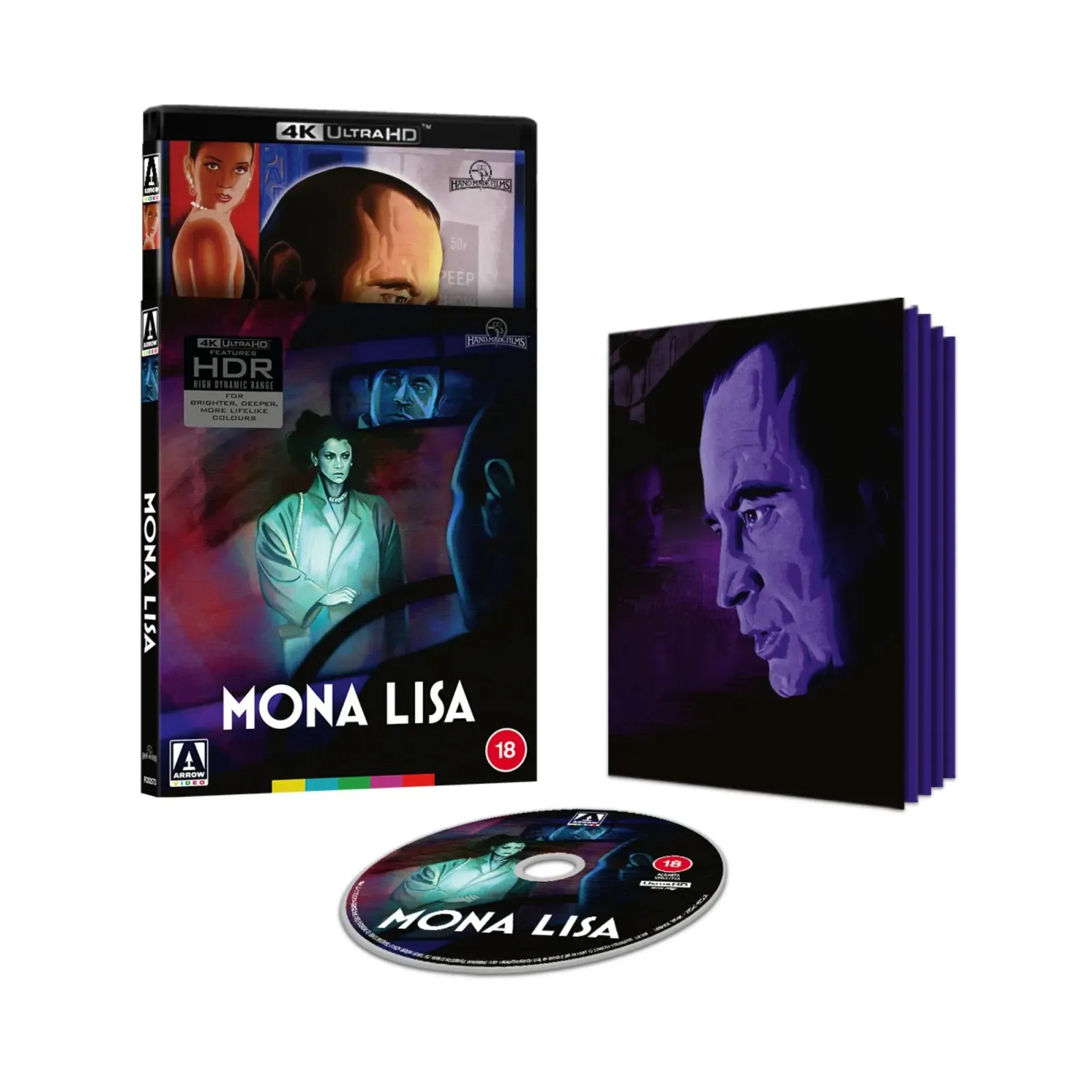 Mona Lisa (1986) 4K Blu-ray cover showing painted artwork of a woman in a coat standing inside a car while a male driver is seen from behind at the wheel and a man appears in the rearview mirror.