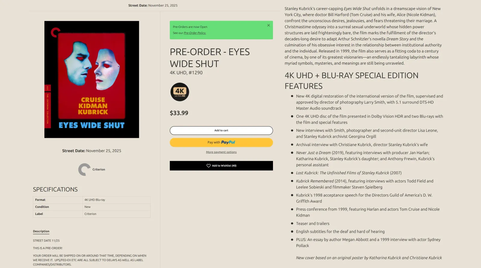 Eyes Wide Shut 4K UHD product page with preorder price, features, and wishlist button