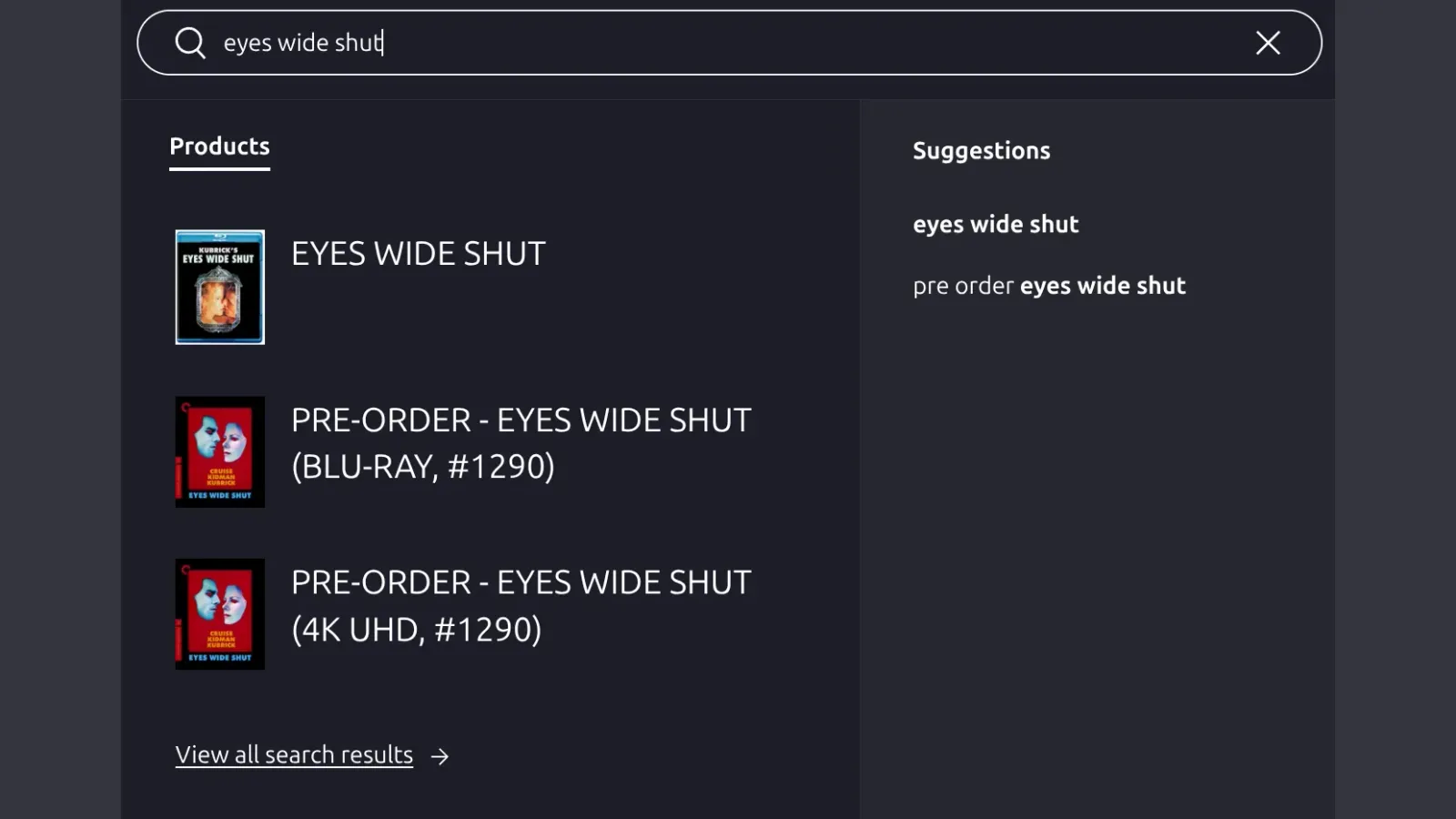 Orbit DVD instant search overlay showing Eyes Wide Shut results and suggestions