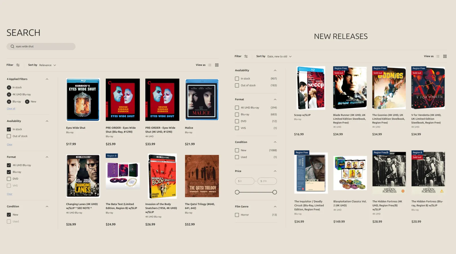 Side‑by‑side grid of search results and New Releases with filters and badges