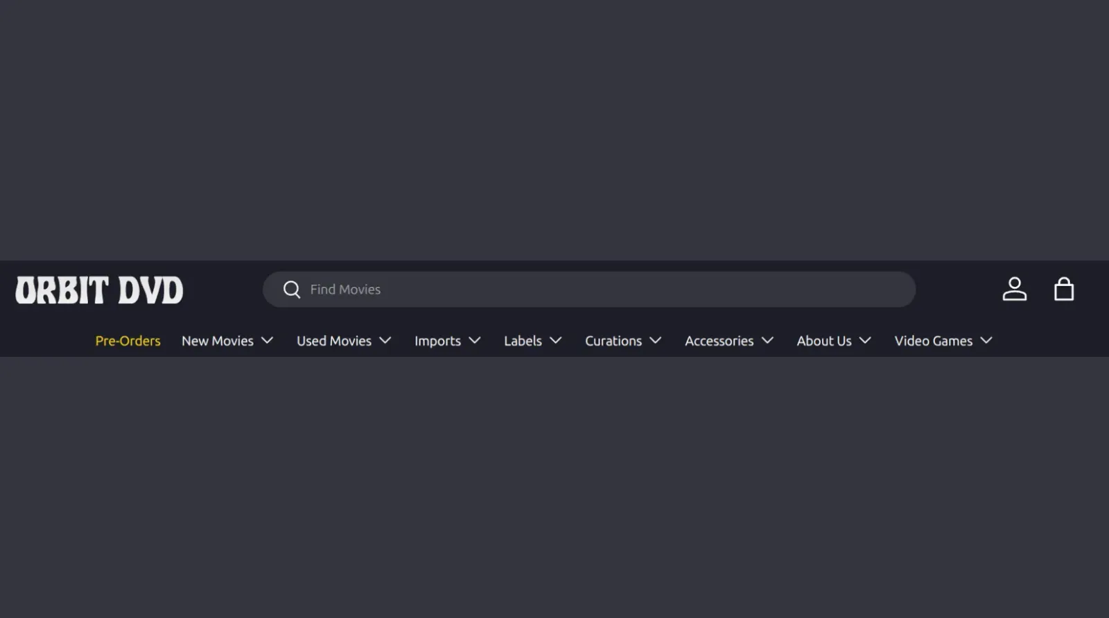 Orbit DVD header with centered search and category row highlighting Pre‑Orders