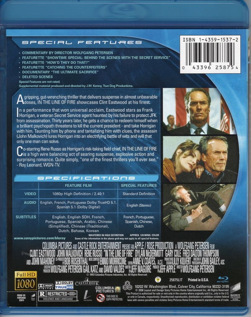 In the Line of Fire Blu-ray Back Cover